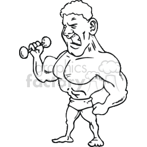 This is a clipart image of a comically exaggerated muscle builder or weightlifter. The character is depicted with large, oversized muscles, flexing one arm while lifting a small dumbbell with the other hand. The expression on the character's face suggests focus and effort.