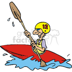 The clipart image depicts a person engaged in a water sport activity, specifically kayaking. The person is wearing a life vest and a helmet with the number 12 on it, and they're using a double-bladed paddle. The kayak appears to be on top of waves, indicating the person might be kayaking in rapid waters or engaging in whitewater rafting. The illustration is styled in a cartoonish, humorous way, with exaggerated features on the character for a playful effect.