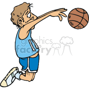This clipart image depicts a cartoon of a basketball player mid-action, possibly passing the ball to a teammate. The player is wearing a blue jersey and shorts, with white stripes and shoes. The style is exaggerated with a humorous touch, emphasizing the motion and expression of the player.