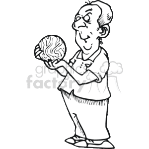 This clipart image depicts a caricature of a man engaging in bowling. He appears to be a bowler, holding a bowling ball with a somewhat bemused or funny expression on his face. He is wearing a short-sleeve shirt with buttons, pants, and shoes, typical attire for casual sports or leisure activities.