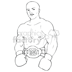 The image appears to be a black and white clipart of a muscular male boxer. He is wearing boxing gloves and a championship belt around his waist. His stance is upright, and he looks directly forward with a serious expression.