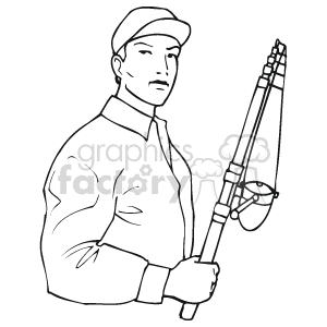 This clipart image features a figure of a fisherman holding a fishing rod. The individual is wearing a long-sleeve shirt and a cap, and seems to be looking off into the distance, presumably at the water where he is fishing.