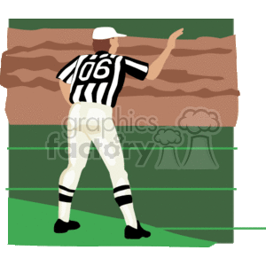 The clipart image depicts a football referee standing on a field. The referee is wearing a traditional black and white striped shirt, white pants with stripes, and a white hat. He is signaling with one of his arms extended upward, indicating a call during a game.