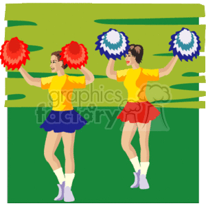The clipart image features two cheerleaders dressed in yellow tops and colorful skirts, one in blue and the other in red. They are each holding pom-poms, with the pom-poms being red and white for one cheerleader, and blue and white for the other. They appear to be performing on what could be a green football field.