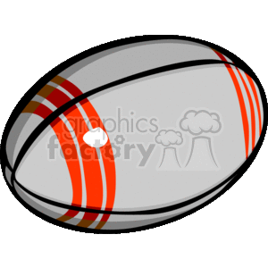 The image contains a stylized illustration of a rugby ball, characterized by its elongated oval shape with slightly pointed ends and distinctive stitching. It features a color scheme with grey as the main color, accented with black lines and red stripes. The design elements suggest a rugby ball rather than a traditional American football, which typically has a more pronounced set of stitches or laces.