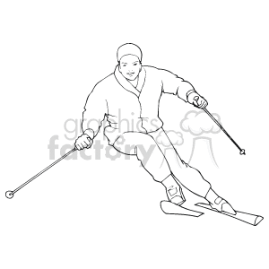 The clipart image depicts a skier in the midst of a downhill skiing action. The skier is leaning into a turn, showcasing good form and balance, equipped with skis, ski poles, and wearing a winter skiing outfit, including a beanie or helmet.