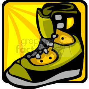 This clipart image features a stylized snowboard boot with a prominent green color, highlighted by yellow details and black laces. The boot appears to be designed for the sport of snowboarding, indicating its use in winter sports activities.