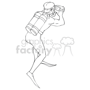 The image depicts a line art illustration of a scuba diver. The diver is equipped with a diving mask, fins, and a scuba tank, indicating that they are prepared for an underwater excursion.