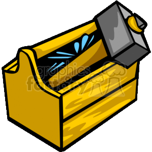 The image shows a yellow toolbox with a blue handled hammer inside. The hammer's head is sticking out of the box.