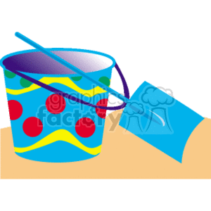 The clipart image displays a colorful beach bucket adorned with polka dots and a blue handle, beside which lies a blue shovel. The bucket and shovel are typical sand toys one might use during playtime at the beach. They are positioned on what appears to be a sandy surface, indicative of a sand play area or beach setting.