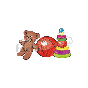 The clipart image features a collection of classic children's toys. There is a cuddly teddy bear, a brightly colored beach ball with stars on it, and a colorful stacking rings toy commonly used for helping young children develop their fine motor skills.