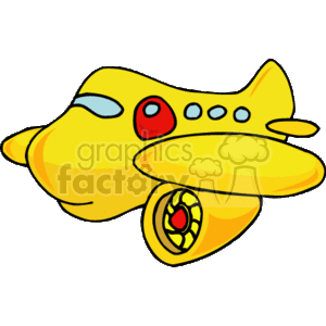 The clipart image features a cartoon-style yellow airplane with a funny, quirky design. The plane has an exaggerated, bulbous body, a red nose cone which gives it a bit of a character-like appearance, windows along its side resembling eyes, and a small propeller in front.