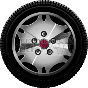 The clipart image displays a car tire mounted on a stylized wheel rim. It is a graphic representation commonly used to depict automotive parts or themes related to transportation.