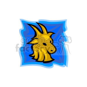 The image is a stylized representation of the Capricorn zodiac sign. It features a golden goat's head with prominent horns against a backdrop of a blue square with lighter blue waves, which may symbolize the water element that is part of this earth sign's symbolism.