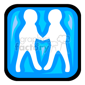 The clipart image displays the astrological symbol for Gemini, which is represented by the image of twins. The twins are depicted as two human figures standing side by side and holding hands, enclosed within a square frame with a stylized, wavy pattern in the background that might represent air, relating to Gemini's air element.