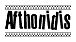 The clipart image displays the text Afthonidis in a bold, stylized font. It is enclosed in a rectangular border with a checkerboard pattern running below and above the text, similar to a finish line in racing. 