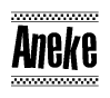 The image is a black and white clipart of the text Aneke in a bold, italicized font. The text is bordered by a dotted line on the top and bottom, and there are checkered flags positioned at both ends of the text, usually associated with racing or finishing lines.