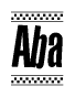 The image is a black and white clipart of the text Aba in a bold, italicized font. The text is bordered by a dotted line on the top and bottom, and there are checkered flags positioned at both ends of the text, usually associated with racing or finishing lines.