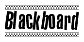 The image is a black and white clipart of the text Blackboard in a bold, italicized font. The text is bordered by a dotted line on the top and bottom, and there are checkered flags positioned at both ends of the text, usually associated with racing or finishing lines.
