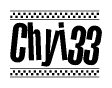 The image is a black and white clipart of the text Chyi33 in a bold, italicized font. The text is bordered by a dotted line on the top and bottom, and there are checkered flags positioned at both ends of the text, usually associated with racing or finishing lines.