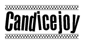 The image is a black and white clipart of the text Candicejoy in a bold, italicized font. The text is bordered by a dotted line on the top and bottom, and there are checkered flags positioned at both ends of the text, usually associated with racing or finishing lines.