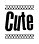 The image is a black and white clipart of the text Cute in a bold, italicized font. The text is bordered by a dotted line on the top and bottom, and there are checkered flags positioned at both ends of the text, usually associated with racing or finishing lines.