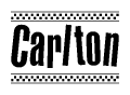 The clipart image displays the text Carlton in a bold, stylized font. It is enclosed in a rectangular border with a checkerboard pattern running below and above the text, similar to a finish line in racing. 