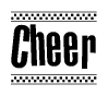 The image contains the text Cheer in a bold, stylized font, with a checkered flag pattern bordering the top and bottom of the text.