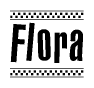 The image is a black and white clipart of the text Flora in a bold, italicized font. The text is bordered by a dotted line on the top and bottom, and there are checkered flags positioned at both ends of the text, usually associated with racing or finishing lines.