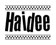 The image contains the text Haidee in a bold, stylized font, with a checkered flag pattern bordering the top and bottom of the text.