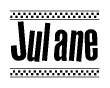 The image is a black and white clipart of the text Julane in a bold, italicized font. The text is bordered by a dotted line on the top and bottom, and there are checkered flags positioned at both ends of the text, usually associated with racing or finishing lines.