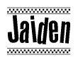The image is a black and white clipart of the text Jaiden in a bold, italicized font. The text is bordered by a dotted line on the top and bottom, and there are checkered flags positioned at both ends of the text, usually associated with racing or finishing lines.