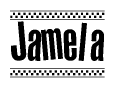 The image contains the text Jamela in a bold, stylized font, with a checkered flag pattern bordering the top and bottom of the text.