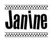 The image is a black and white clipart of the text Janine in a bold, italicized font. The text is bordered by a dotted line on the top and bottom, and there are checkered flags positioned at both ends of the text, usually associated with racing or finishing lines.