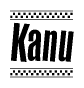 The image is a black and white clipart of the text Kanu in a bold, italicized font. The text is bordered by a dotted line on the top and bottom, and there are checkered flags positioned at both ends of the text, usually associated with racing or finishing lines.