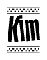 The image is a black and white clipart of the text Kim in a bold, italicized font. The text is bordered by a dotted line on the top and bottom, and there are checkered flags positioned at both ends of the text, usually associated with racing or finishing lines.