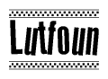 The image contains the text Lutfoun in a bold, stylized font, with a checkered flag pattern bordering the top and bottom of the text.