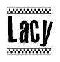 The image contains the text Lacy in a bold, stylized font, with a checkered flag pattern bordering the top and bottom of the text.