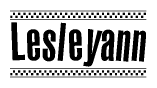 The image is a black and white clipart of the text Lesleyann in a bold, italicized font. The text is bordered by a dotted line on the top and bottom, and there are checkered flags positioned at both ends of the text, usually associated with racing or finishing lines.