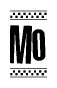 The image is a black and white clipart of the text Mo in a bold, italicized font. The text is bordered by a dotted line on the top and bottom, and there are checkered flags positioned at both ends of the text, usually associated with racing or finishing lines.