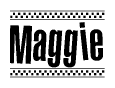 The clipart image displays the text Maggie in a bold, stylized font. It is enclosed in a rectangular border with a checkerboard pattern running below and above the text, similar to a finish line in racing. 