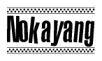 The image is a black and white clipart of the text Nokayang in a bold, italicized font. The text is bordered by a dotted line on the top and bottom, and there are checkered flags positioned at both ends of the text, usually associated with racing or finishing lines.