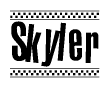 The clipart image displays the text Skyler in a bold, stylized font. It is enclosed in a rectangular border with a checkerboard pattern running below and above the text, similar to a finish line in racing. 
