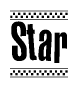 The image is a black and white clipart of the text Star in a bold, italicized font. The text is bordered by a dotted line on the top and bottom, and there are checkered flags positioned at both ends of the text, usually associated with racing or finishing lines.