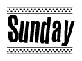 The image is a black and white clipart of the text Sunday in a bold, italicized font. The text is bordered by a dotted line on the top and bottom, and there are checkered flags positioned at both ends of the text, usually associated with racing or finishing lines.