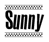 The clipart image displays the text Sunny in a bold, stylized font. It is enclosed in a rectangular border with a checkerboard pattern running below and above the text, similar to a finish line in racing. 