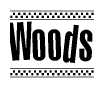 The clipart image displays the text Woods in a bold, stylized font. It is enclosed in a rectangular border with a checkerboard pattern running below and above the text, similar to a finish line in racing. 