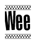 The clipart image displays the text Wee in a bold, stylized font. It is enclosed in a rectangular border with a checkerboard pattern running below and above the text, similar to a finish line in racing. 