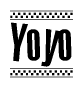 The clipart image displays the text Yoyo in a bold, stylized font. It is enclosed in a rectangular border with a checkerboard pattern running below and above the text, similar to a finish line in racing. 