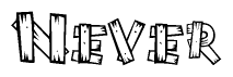 The image contains the name Never written in a decorative, stylized font with a hand-drawn appearance. The lines are made up of what appears to be planks of wood, which are nailed together